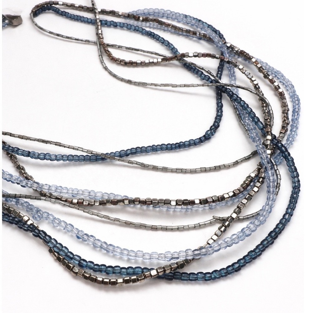 Chicos Layered Beaded Necklace Blue Silver Tone Coastal Resort